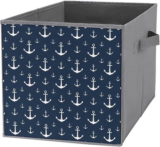 Collapsible Cube Storage Organizer with Handles Nautical Anchor Foldable Fabric Bin for Shelves Perfect for Closet Bathroom Kids' Room &amp Nursery