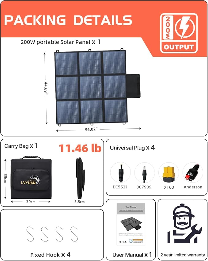 LVYUAN 200W Portable Solar Panel 24V Foldable Pillow-Sized Solar Panel IP64 Waterproof Upgraded 23% Efficiency for Solar Power Station Generator for Outdoor Camping Backpacking Hiking
