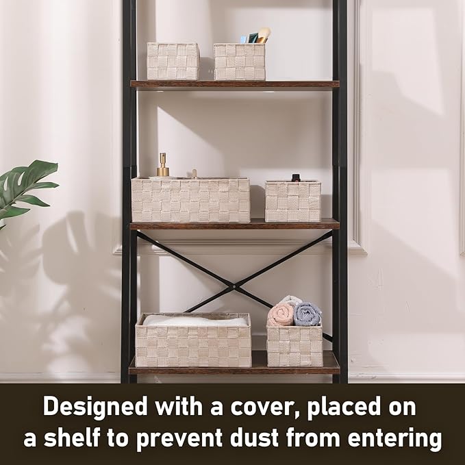 Storage Bins Woven Organizer Set of 6 – Polypropylene Storage Baskets with Metal Frame Stackable Fabric Boxes for Drawers Closet Shelf Nursery and Office Beige