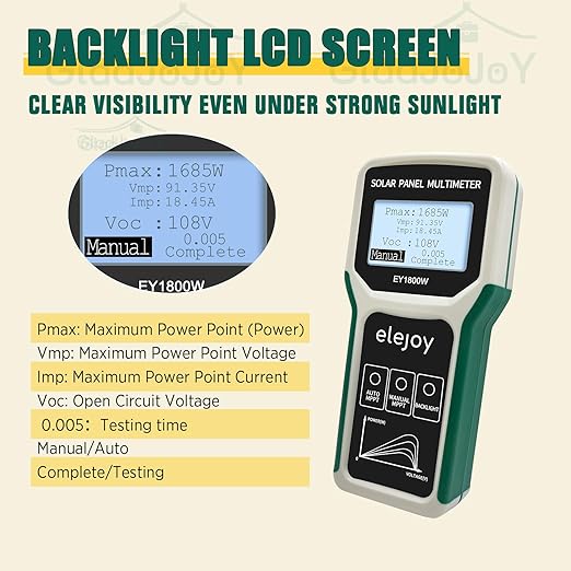 Upgrade 1800W Solar Panel Tester MPPT Photovoltaic Panel Multimeter Smart MPPT Tools for Testing Solar PV Panel Open Circuit Voltage &amp Troubleshooting LCD &amp Multiple Safety Protections