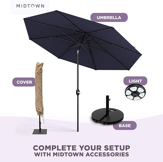 Midtown Umbrellas - 10-Year-No-Fade 9 Ft Patio Umbrella with Terylast Fabric Auto-Tilt Aluminum Frame and 8 Reinforced Ribs for Deck Pool Garden &amp Beach - Navy Blue Canopy Black Pole