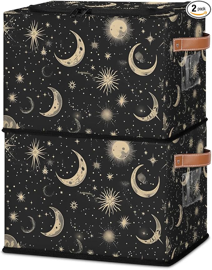 Black Moon Storage Bins with Zipper Lid 2pcs Stackable Storage Baskets Boxes with Metal Frame Closet Storage Cube Bin Organizer with PU Handles Clothes Storage Bag