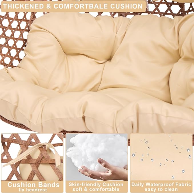 Double Swing Egg Chair with Stand Hexagon Rattan Wicker Swing Chair Outdoor Large 2 Person Patio Hanging Chair with Foldable Loveseat Removable Cushions (Beige)
