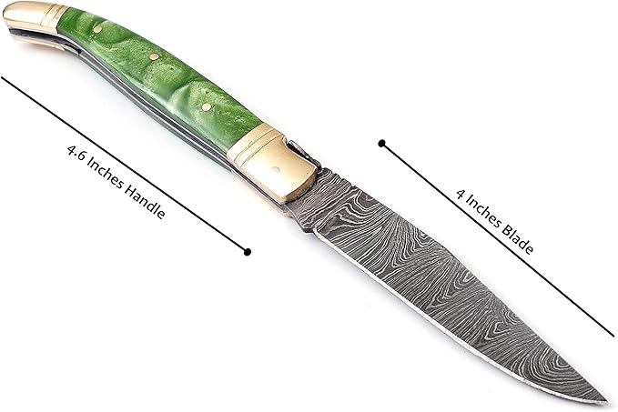 Damascus steel blade Laguiole style Folding knife by Damascus depot 8.5 Long with 4 hand forged custom twist pattern Blade. unshrinkable Resin scale exotic color with brass bolster and Pommel. Cow