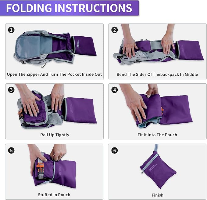 Hiking Backpack 10L/15L Small Daypack Lightweight Packable Travel Foldable Water Resistan for Women Men (Deep Purple 10L)
