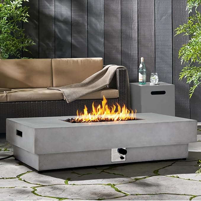 60-inch Outdoor Propane Fire Pit Table Set - 2-Piece 50000 BTU Concrete Large Rectangular Fire Table with Lid Propane Tank Table Lava Rocks Rain Cover - Perfect Firepit for Outdoor Use