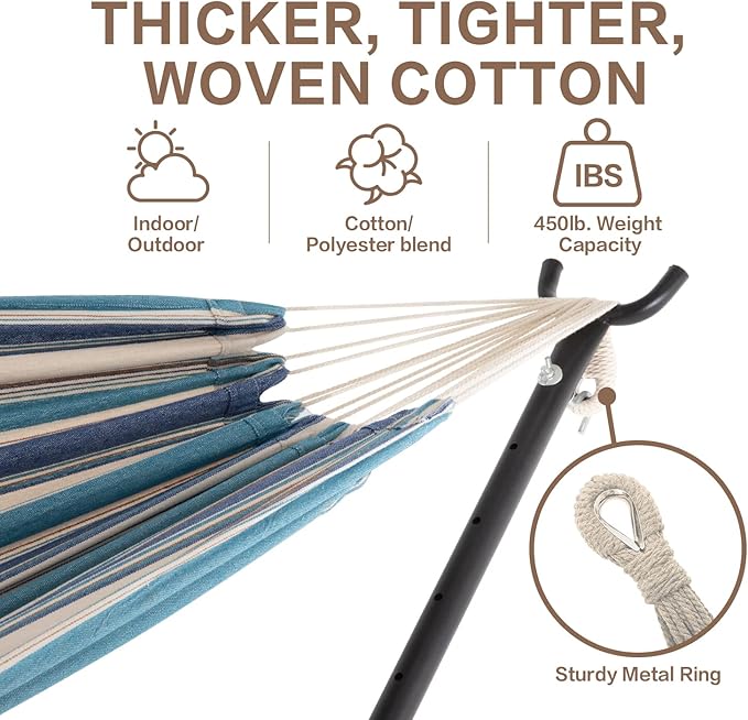 PNAEUT Double Hammocks with Stand for Outside Portable Space Saving Heavy-Duty Steel Stand for Indoor Outdoor Patio with Carrying Bag 450 lbs Capacity (Lightblue)