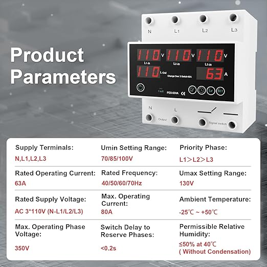 One-Click Setup Automatic Transfer Switch with Priority Phase L1＞L2＞L3 4P 63A 110V 40/50/60/70Hz ATS Electrical Selector Switch Generator Changeover Switch V/A Protector Din Rail Mount