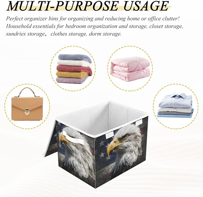 Usa Flag Eagles 4th July Storage Box with Lid 1 PC Foldable Storage Bin with Lids Stackable Storage Bins Cube Closet Organizer Basket with Flip-Top Lid &amp Handles for Shoes Books Towels