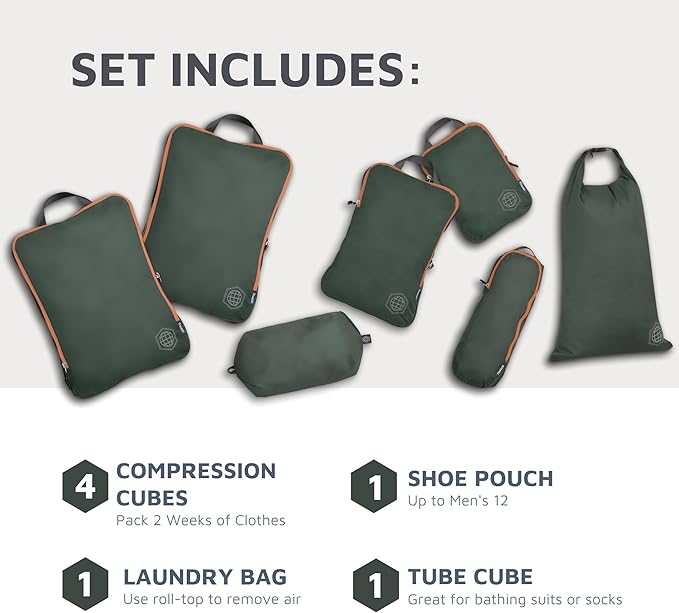 Large Compression Packing Cubes for Travel-Packing Cube Luggage Organizers 7 Piece Set for Checked Luggage-Ultralight Expandable/Compression Bags by TRIPPED Travel Gear (Green and Brown)