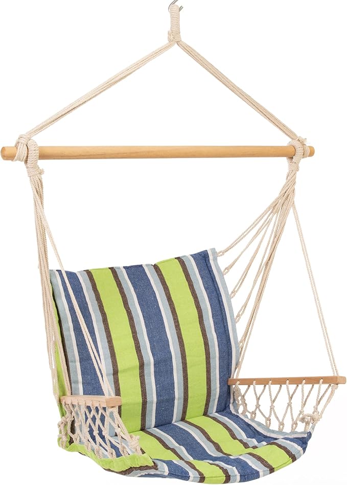 Castaway Living Hammock Chair Hanging Rope Cushioned Swing with Quick Dry Fabric for Indoor &amp Outdoor Use - Blue and Green Stripe