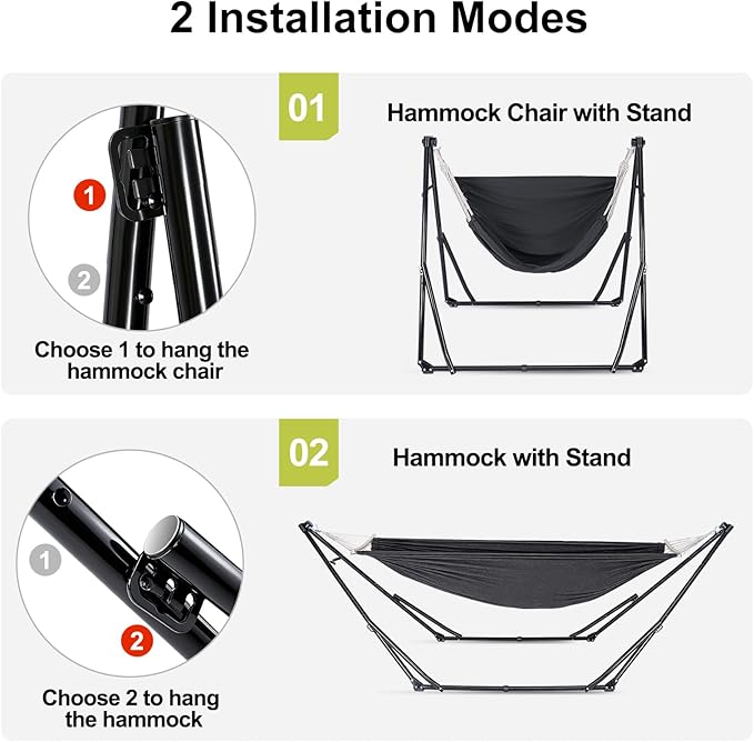 2-in-1 Hammock &amp Swing Chair for Teens – Adjustable Folding Chair with Collapsible Steel Stand Portable for Camping Travel Patio &amp Indoor Use Includes Carrying Case Supports 440 LBS
