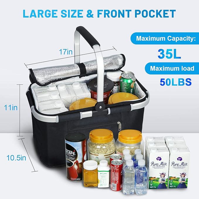 LIQING 35L Large Picnic Basket 2 Layers of Internal Pockets Leak-Proof and Insulated Folding with Internal Support for enhansed Stability Wedding Gifts for Couple(Black)