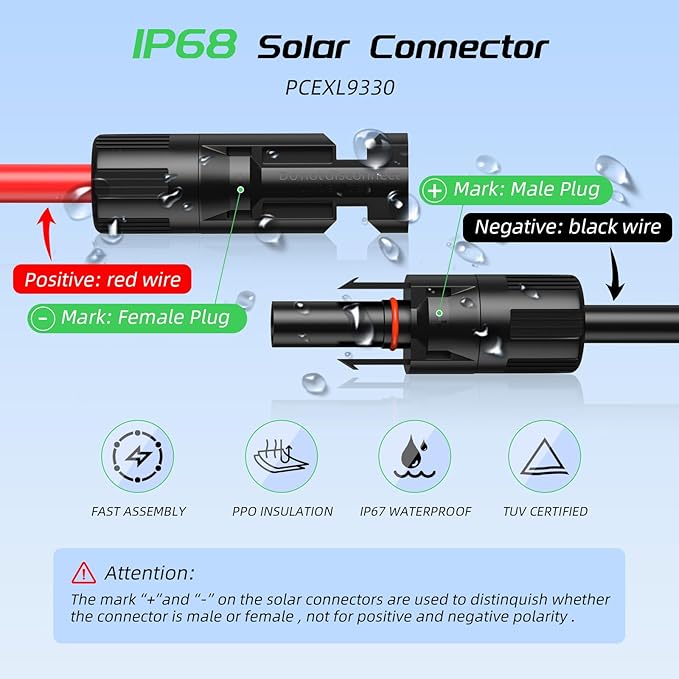 20Feet 8AWG Solar Panel Extension Cable Bateria Power 8 Gauge 8mm² PV Wire with Female &amp Male Waterproof Connectors for RV Photovoltaic Systems Set of 2