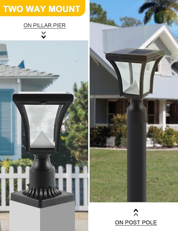 Solar Post Light with Pier Mount Solar Lamp Post Light with Clear Glass Solar Pillar Light Outdoor Warm White &amp Cool White (Switch)