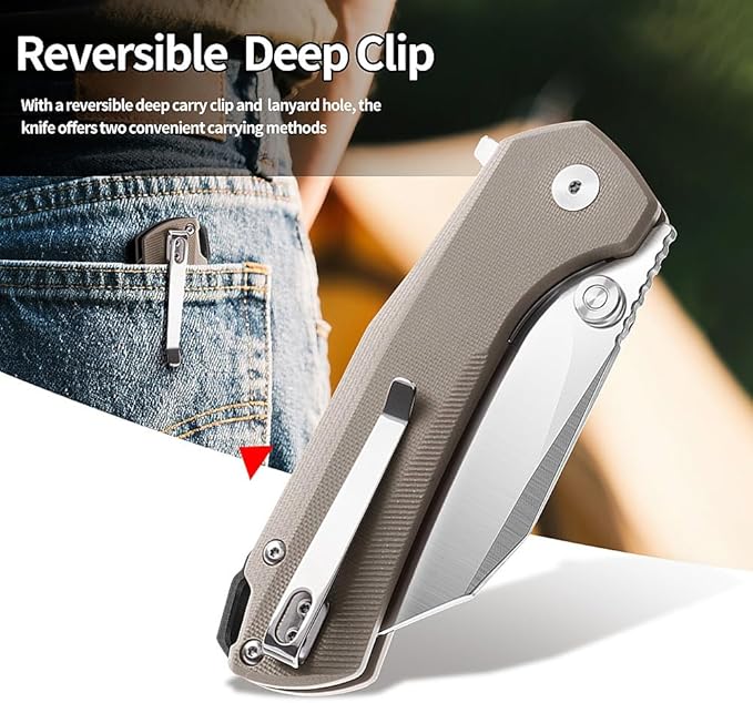 ioko Folding Pocket Knife 3.5-Inch D2 Steel Blade G10 Handle EDC Camping Survival Knife with Clip (Brown)