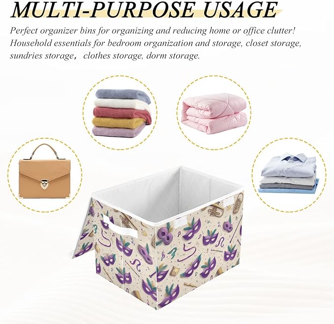 Beige Shrove Tuesday Masks Storage Box with Lid 1 PC Foldable Storage Bin with Lids Stackable Storage Bins Cube Closet Organizer Basket with Flip-Top Lid &amp Handles for Shoes Books Towels