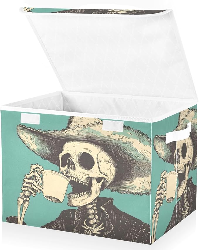 Storage Cube with Lid Skeleton Cowboy Print 16.5×12.6×11.8 IN Collapsible Large Capacity Foldable Storage Basket Bin Organizer