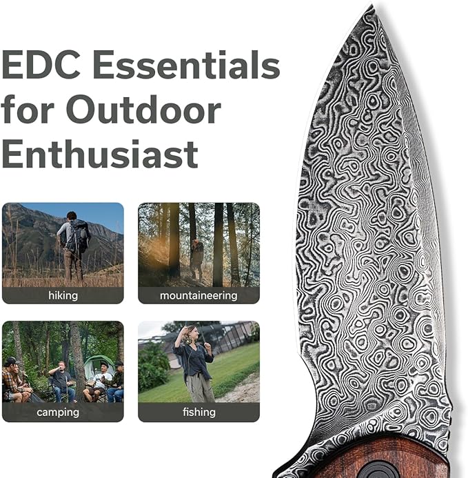 CIVIVI Folding Pocket Knife for EDC Small Mini Praxis Knife for Men Women 2.98 Damascus Blade Guibourtia Wood Handle Sharp Camping Hiking Knives C18026C-DS1