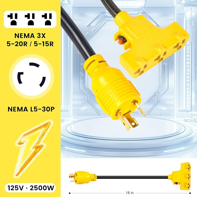 Overload Protector 30 Amp to 110 Adapter Generator Power Cord Shore Power 30 Amp to 15 Amp/20 Amp Adapter Marine NEMA L5-30P to 3X 5-15R/5-20R RV Generator Adapter 1.5FT