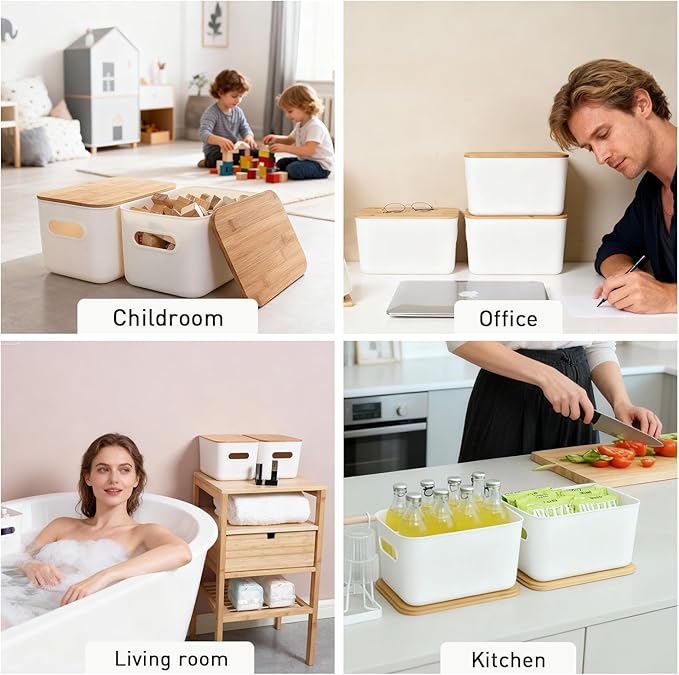 Citylife Storage Bins with Bamboo Lids 7QT Plastic Storage Containers Stackable Organizer Boxes with Handle for Desk Snacks Toys 2 PCS 10 L x 7 W x 5.8 H