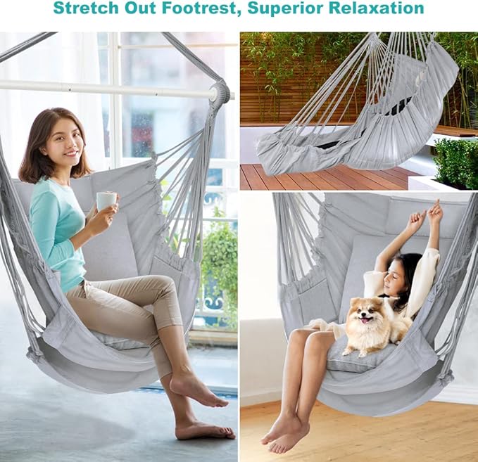 Outerman Hammock Chair Hanging Chair with 3 Cushions and Foot Rest Support Sturdy Metal Spreader Bar Max 440 Lbs Swing Chair for Bedroom Indoor &amp Outdoor Patio Porch or Tree（Gray）