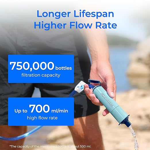 Waterdrop Gravity Water Filter Straw Camping Water Filtration System Water Purifier Survival for Travel Backpacking and Emergency Preparedness 0.1 Micron 4 Pack Light Blue