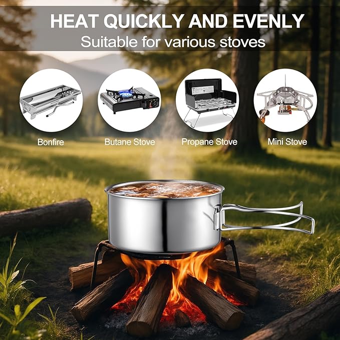 Stainless Steel Camping Cookware Mess Kit - Portable Backpacking Cooking Set with Pot/Plates/Cups &amp Storage Bag Outdoor Cookware for Hiking Picnic Camping &amp Backpacking Adventures（8PCS）