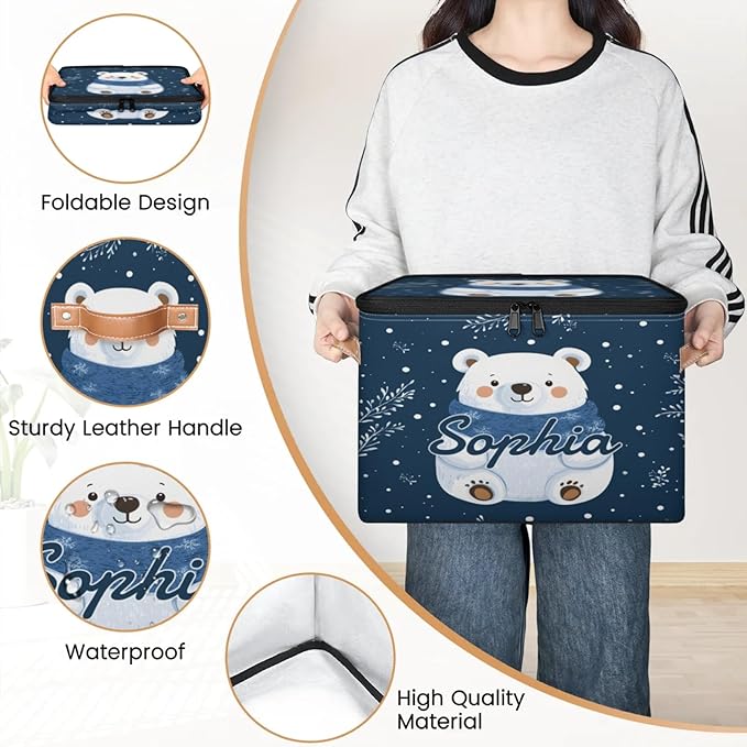 Custom Storage Basket with Name Personalized Storage Bins with Zipper Lid Foldable Fabric Storage Box Large capacity with Handle Snowflake White Bear