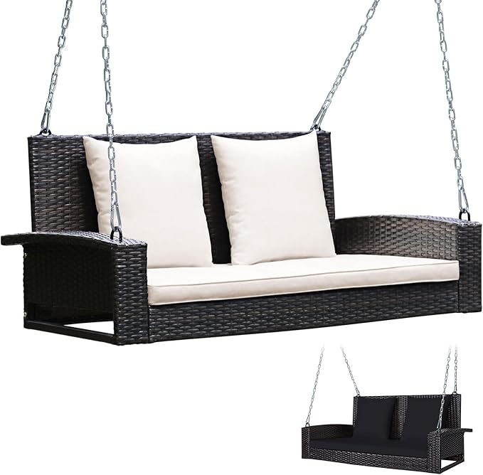 Tangkula 2-Person Wicker Porch Swing Patiojoy Outdoor Rattan Hanging Swing Bench W/ 2 Back Cushions &amp 1 Seat Cushion Sturdy Steel Chain 800lbs Weight Capacity