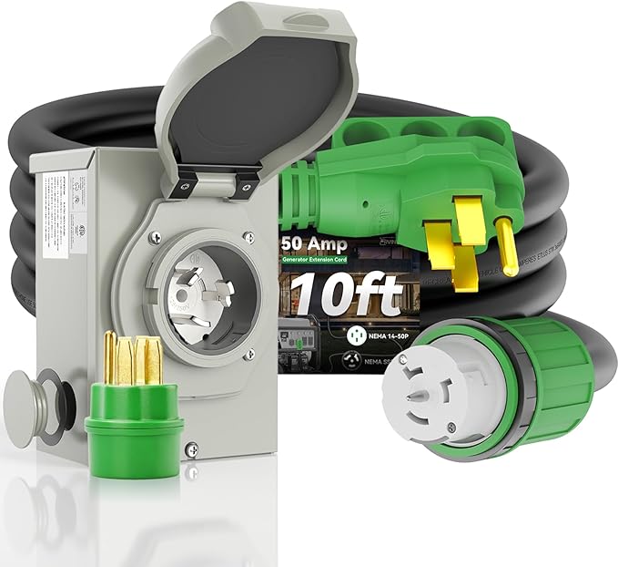 50 Amp Generator Cord 10FT and Power Inlet Box Waterproof Combo Kit NEMA 14-50P to SS2-50R Generator Extension Cord with NEMA SS2-50P Generator Inlet ETL Listed