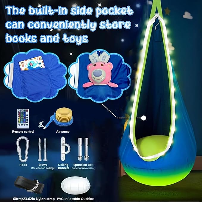 Light Up Swing Chair Hammock Chair Indoor Outdoor for Kids Pod with LED Lights Soft and Safe 176 lb. Load Capacity Easy Installation Perfect for Bedroom Garden and Playroom (Blue)