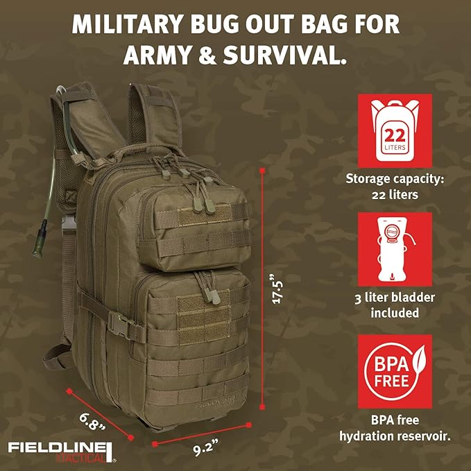 Surge Tactical Hydration Pack by Fieldline | Military Backpack with MOLLE System | Survival Bug Out Bag | 22L Storage Capacity + 3L Reservoir (Digital Sand)
