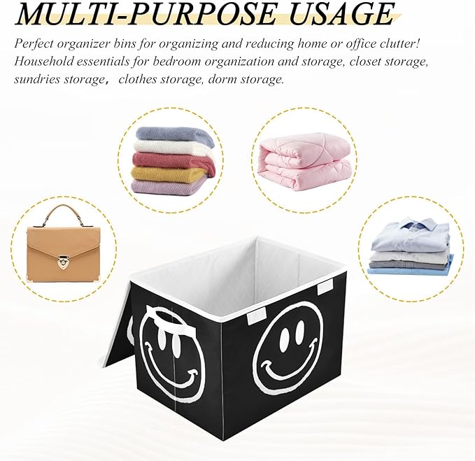 Happy Face Black White Large Storage Bins with Lid Foldable Storage Cubes Fabric Closet Organizer Containers Box Baskets with Flip-Top Lid for Home Office 16.5” x 12.6” x 11.8”