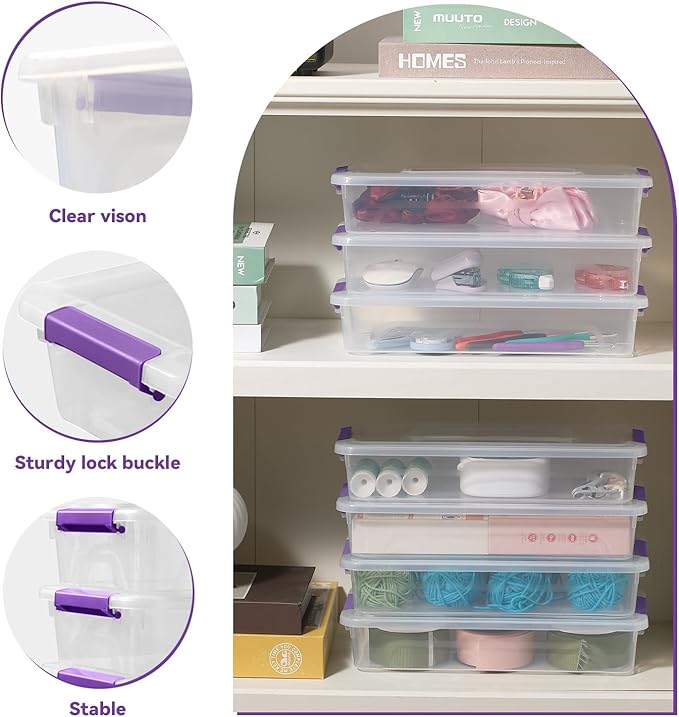 Clear Plastic Storage Bins with Lids Stackable Storage Box for Crafts Supplies (Small 8Pack Purple)