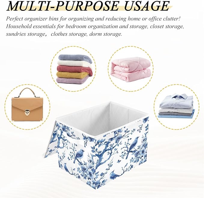 Beautiful Flowering Birds Fabric Storage Bins with Lids and HandleFoldable Storage Bins with LidsCloset Organizers for Clothes Storage Room Organization Office Storage Chest Organizer