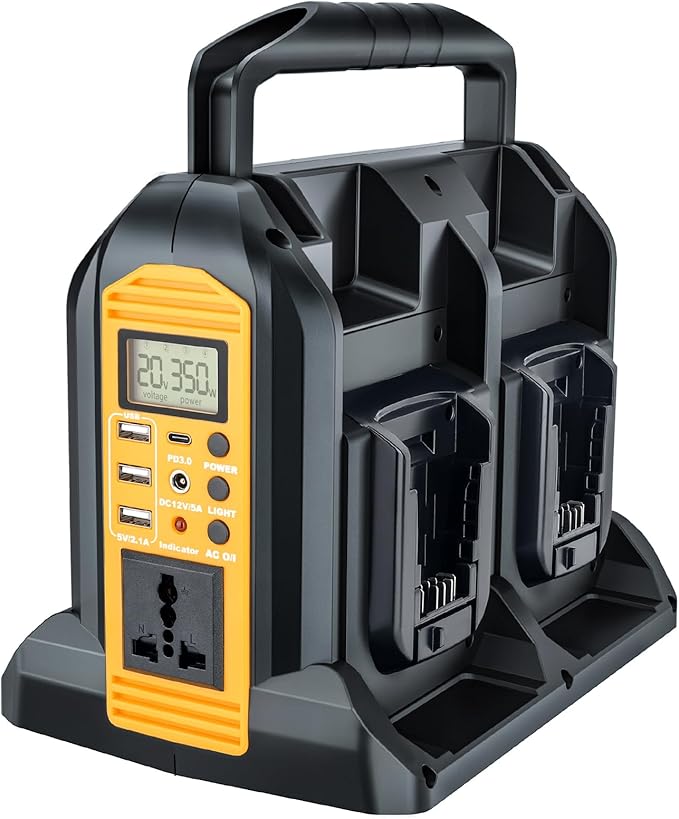 YEX-BUR 350W Power Inverter for Dewalt 20v 60v Battery 4-Ports DC 20V to AC 120V Pure Sine Wave Inverter with 3 USB-A &amp 1 USB-C Port 300LM LED Light for Outdoor Activities(No Battery)