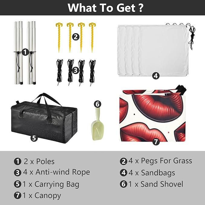 ALAZA Red Lips Polka Dots Beach Tent Sun Shelter UPF50+ Protection Beach Shade Canopy w/ 4 Sandbags for Outdoor Camping Fishing Backyard Fun Picnic 10x9 ft