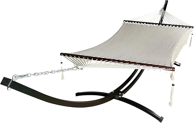 15 Ft. Indoor/Outdoor Heavy Duty Black Steel Arc Hammock Stand + Deluxe Hand Woven 2 Person Beige Bohemian Chic Rope Hammock Bed. 450Lb Capacity.