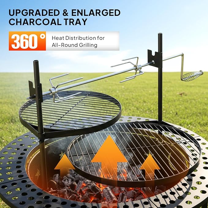 ROVSUN Upgrated 33'' Outdoor Fire Pit with 2 Grills Grill with Side Shelves Wood Burning Round Firepit with Swivel Cooking Grate Removable Swivel Grill for Backyard Patio Picnic BBQ and Parties