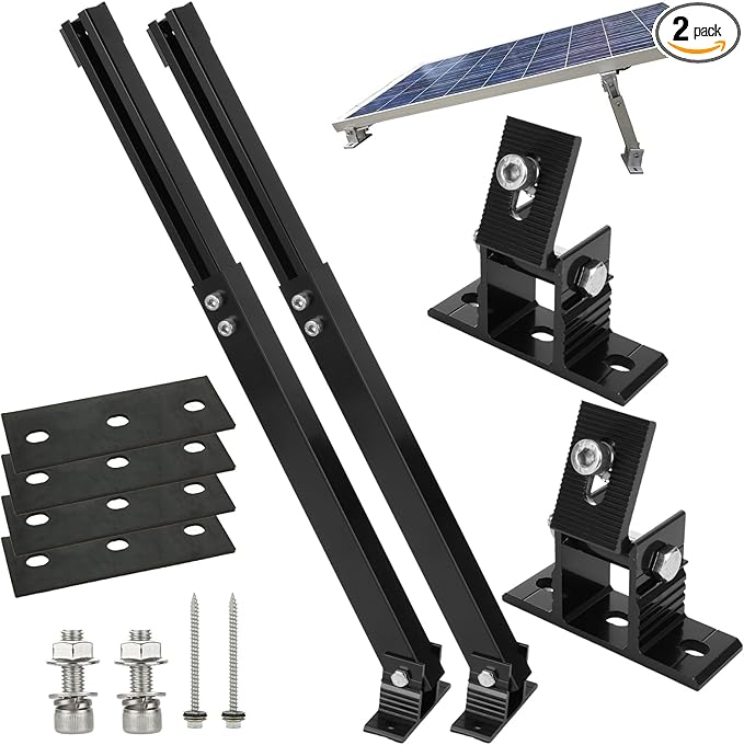 Adjustable Solar Panel Tilt Mount Brackets Aluminum Alloy Solar Panel Mounting Support up to 50 70 100 150 200 300 400 Watt Solar Panel for Flat Surface Roof RV Boat Off-Grid (Mount Only) Black