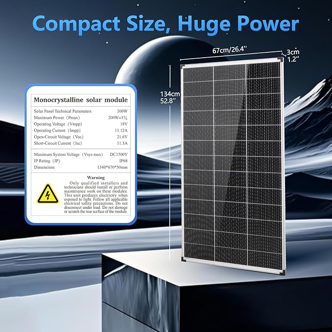 200 Watt Solar Panel18BB N-Type A+ Monocrystalline Cell 25% High Efficiency 12V IP68 Waterproof Solar Panel for Rooftop RV Farm Trailer Marine Home Off-Grid System (Silver 200W)
