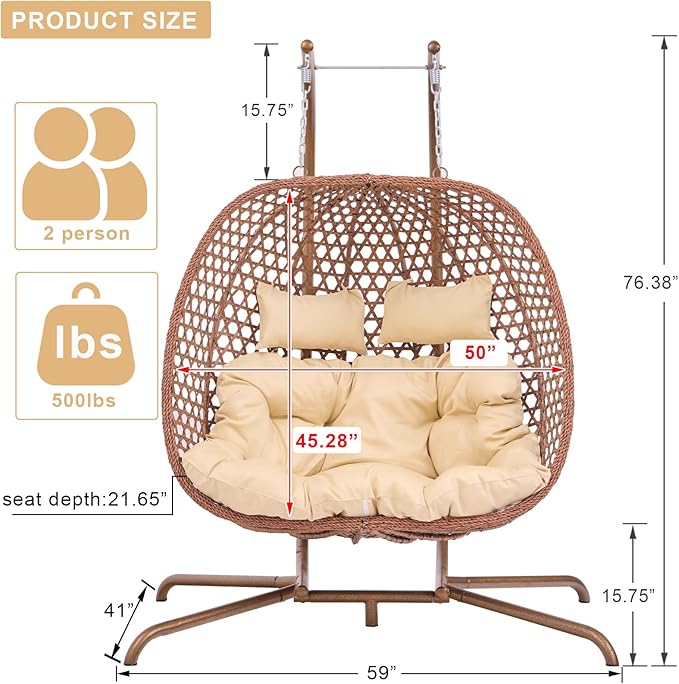 Double Swing Egg Chair with Stand Hexagon Rattan Wicker Swing Chair Outdoor Large 2 Person Patio Hanging Chair with Foldable Loveseat Removable Cushions (Beige)