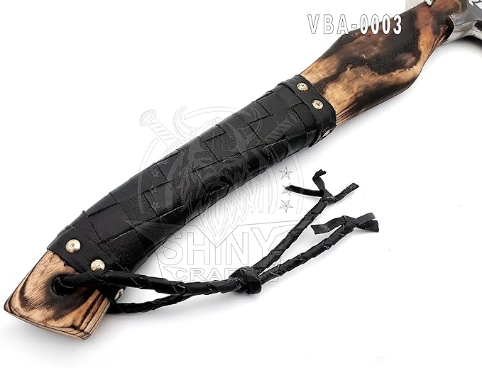 SHINY CRAFTS® Handcrafted Decorative Viking Axe with Leather-Wrapped Handle &amp Sheath – Engraved Blade – Ceremonial Collectible Gift for Men History Buffs Cosplay &amp Display (VBA-03)