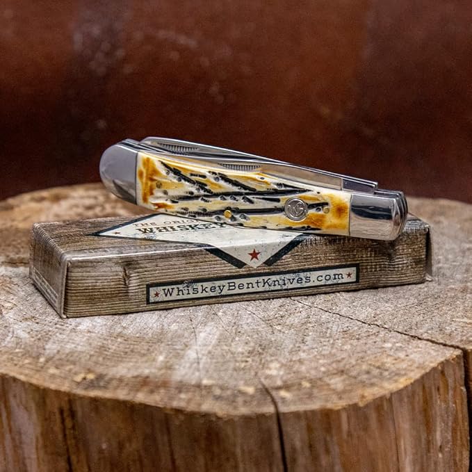WHISKEY BENT HAT CO. Traditional Trapper Folding Pocket Knife 4.125 Closed Length 440C Stainless Steel Blades (Carved Burnt Bone)