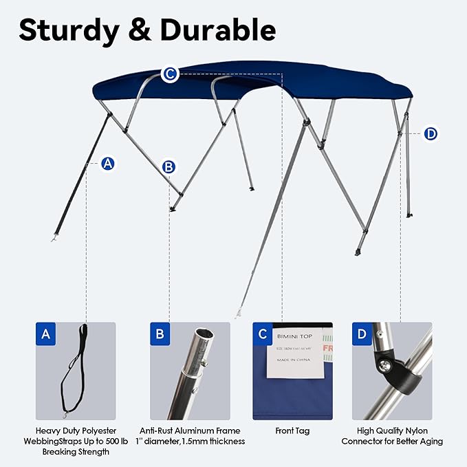 Deckpro 3-4 Bow Boat Bimini Tops 600D Solution Dyed Polyester Marine Grade Canvas with 1 Aluminum Frame Boat Canopy Includes Storage Boot 2 Support Poles 2 Straps
