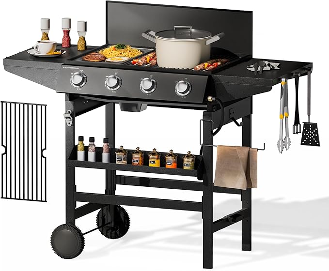 MFSTUDIO Propane Gas Grill and Griddle Combo 4-Burner Propane Grills with Porcelain-Enameled Cast Iron Grates 482 SQ.IN. Cooking Area 52000 BTU High Output for Outdoor Patio Barbecue and Meals