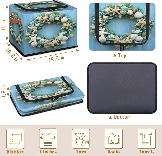 Starfish Wreath Storage Bins with Zipper Lid Blue Wooden Fabric Lidded Storage Baskets Cubes with Handles Decorative Foldable Shelf Closet Organizer Container