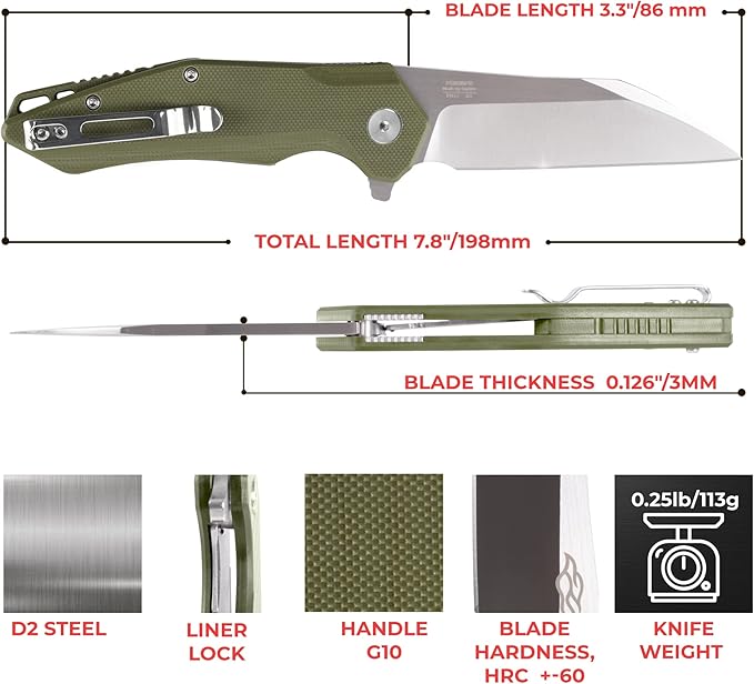 Firebird GANZO FH31 Folding Pocket Knife D2 Steel Wharncliffe Blade Ergonomic G10 Handle with Clip Hunting Fishing Flipper Camping Outdoor EDC Knife