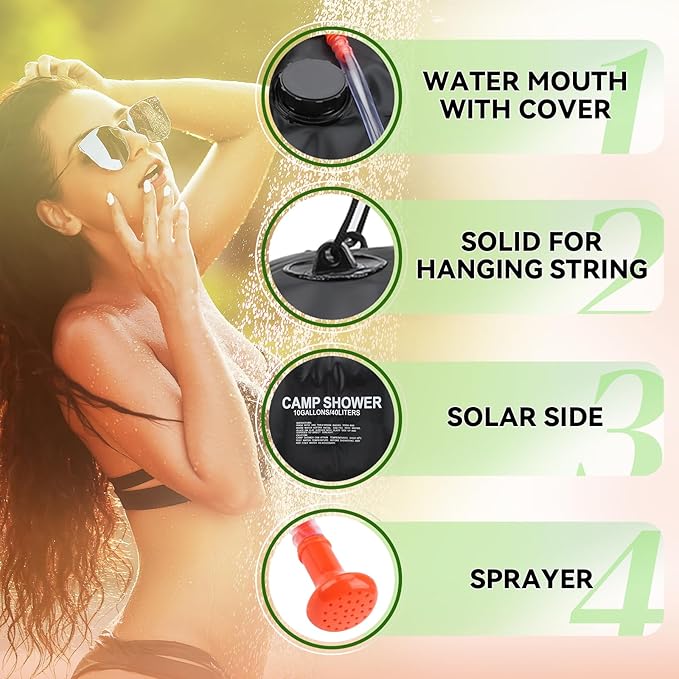 Solar Shower Bag 40L (10 Gallon) Portable Camping Shower – Heats to 113°F in 3 Hours Leak-Proof Black PVC Material for Outdoor Showers at Beach Hiking Travel | Eco-Friendly &amp Easy to Use